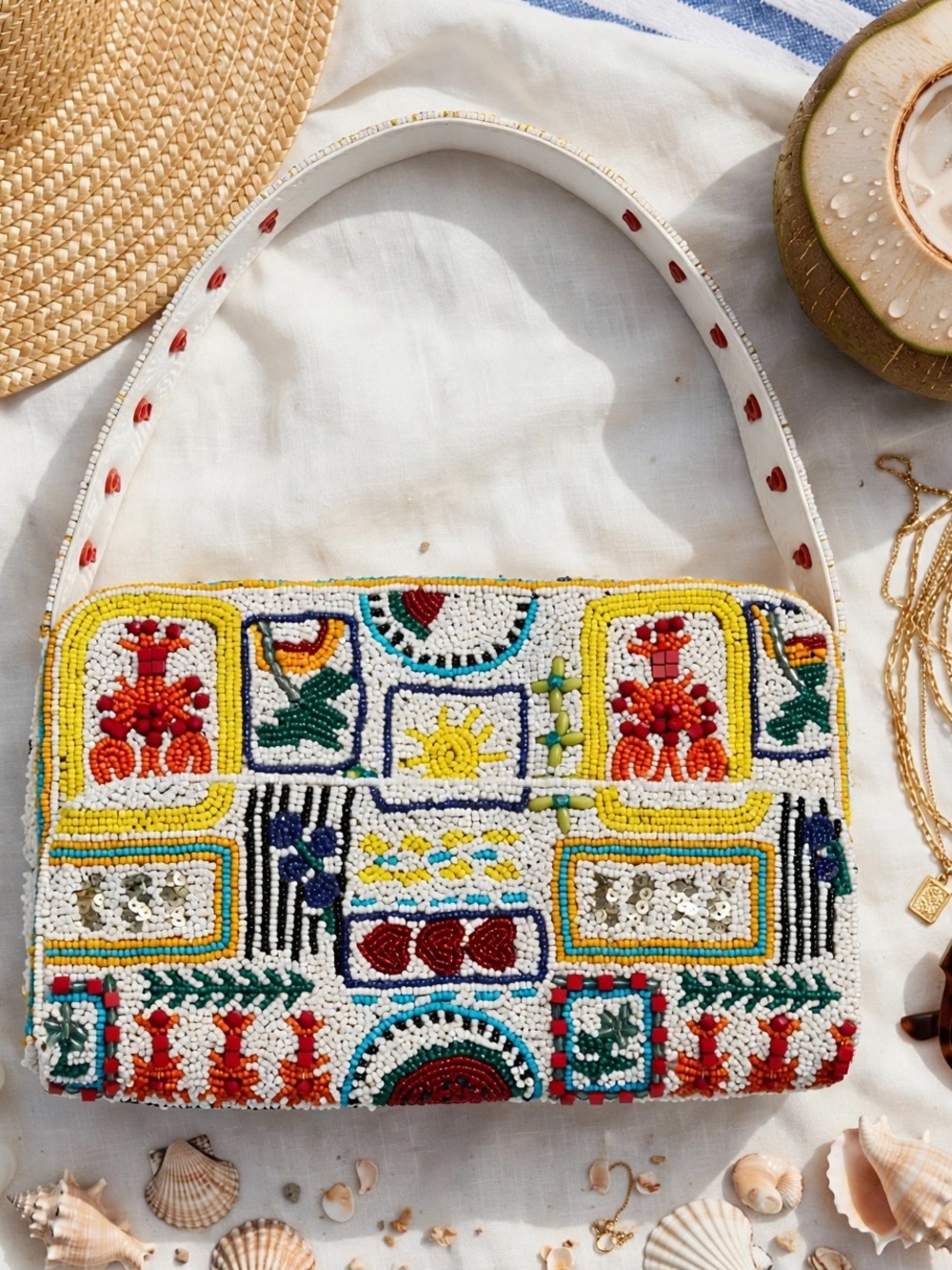 Beaded Mosaic Pattern Shoulder Bag - White Multicolor